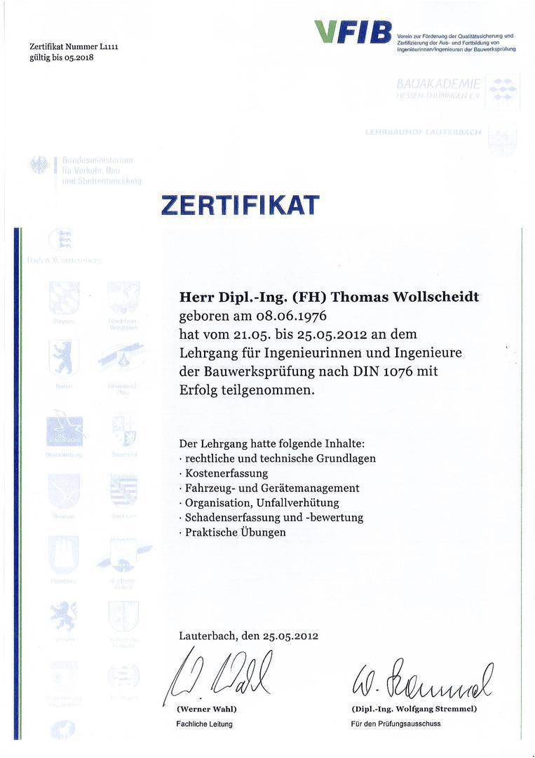 Thomas Wollscheidt - Bauwerksprüfung nach DIN 1076 (VFIB)