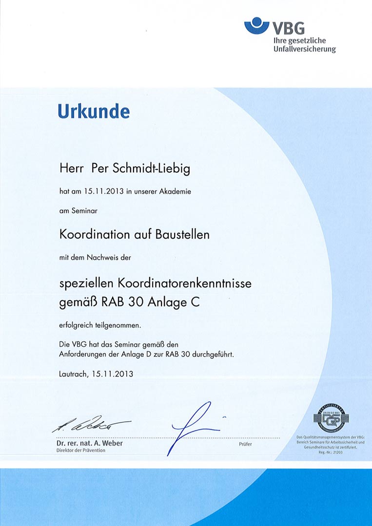 Herr Schmidt-Liebig - Zertifikat RAB 30 Anlage C spez. Koordinatorenkenntnisse